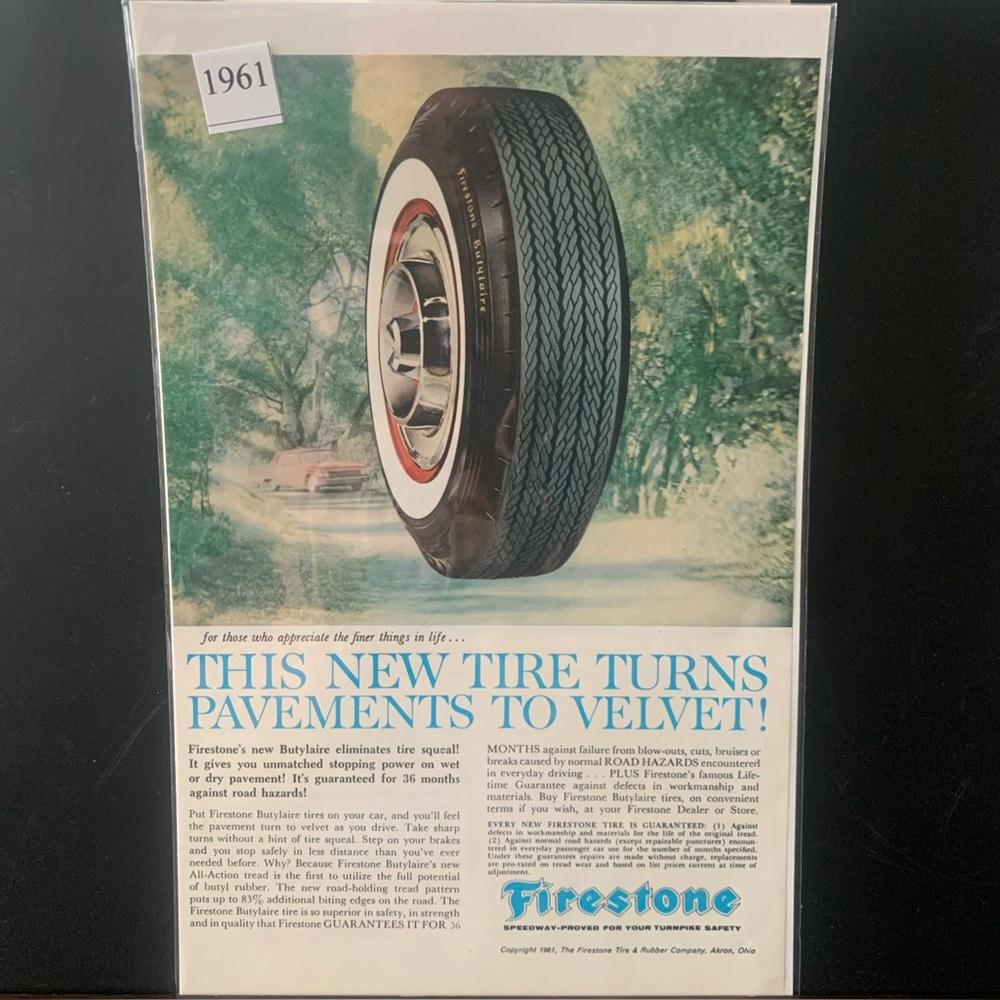 Vintage 1961 Firestone Tires Turns Pavements Into Velvet Ad Advertisement